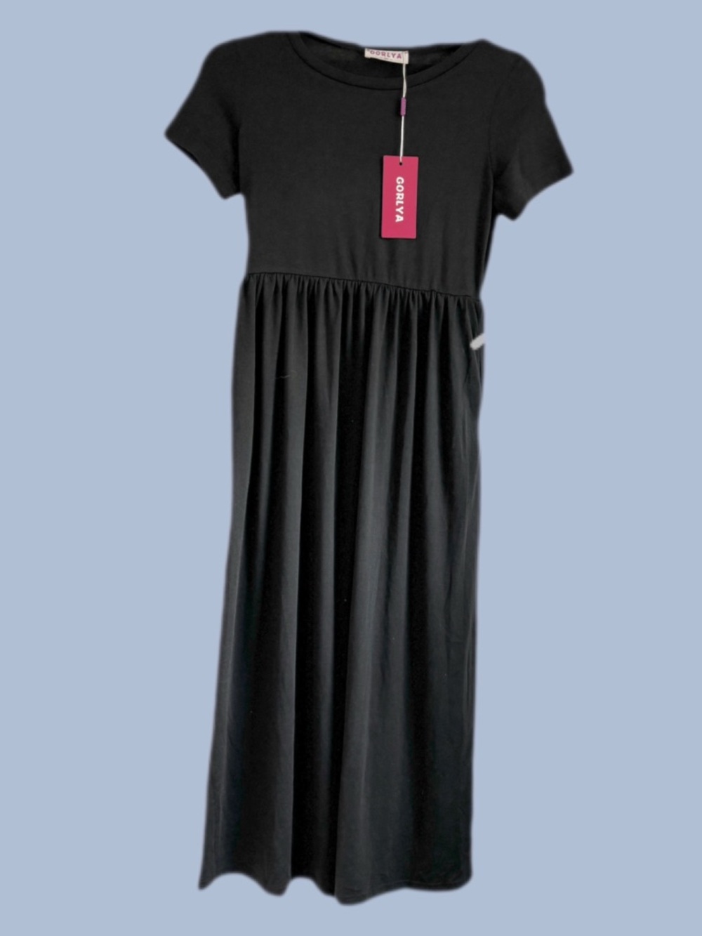 Lightweight Black Maxi Jersey Dress Capped Sleeves